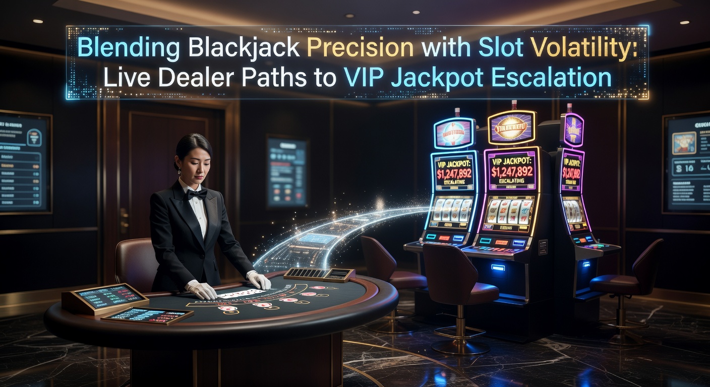 Live-Dealer-Tisch mit Blackjack-Karten und leuchtenden Slot-Jackpots im Hintergrund, symbolisiert die Verbindung von Strategie und Zufall