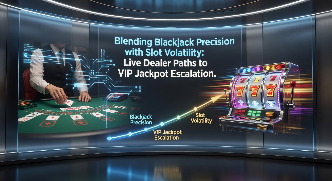 Dynamische Grafik eines VIP-Jackpots, der durch Slot-Walzen und Blackjack-Chips eskaliert, mit Live-Dealer am Tisch