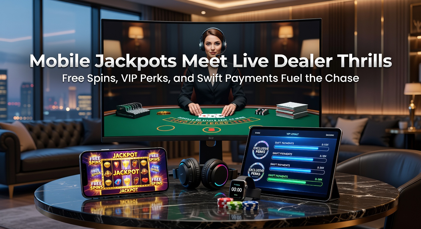 Smartphone zeigt mobiles Casino mit Jackpot-Symbolen und Live-Dealer-Tisch, während Free-Spins drehen